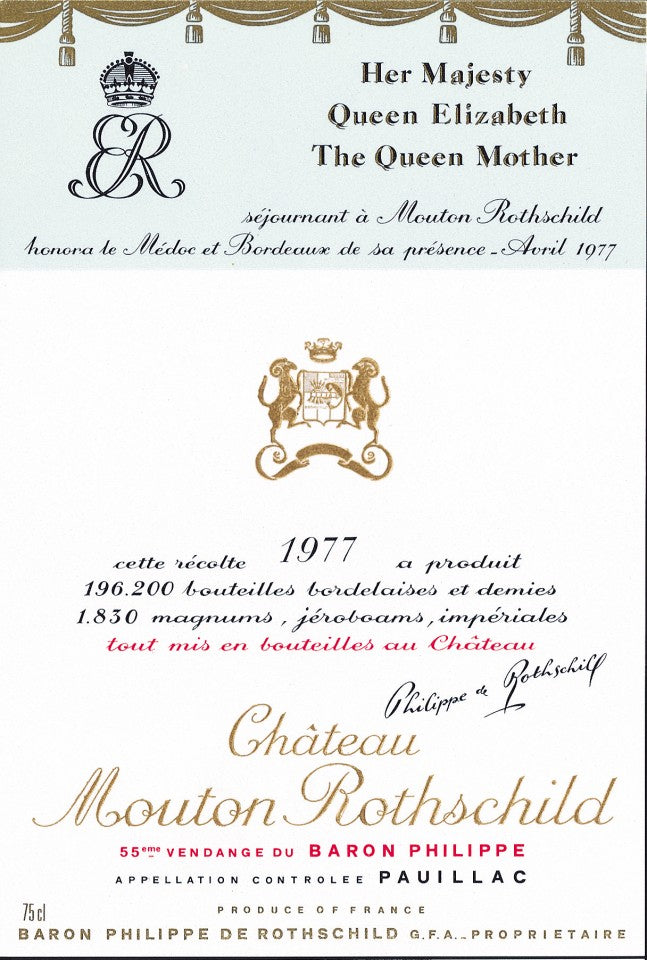 Mouton Rothschild 1977 Label, Hommage to Her Majesty Queen Elizabeth The Queen Mother